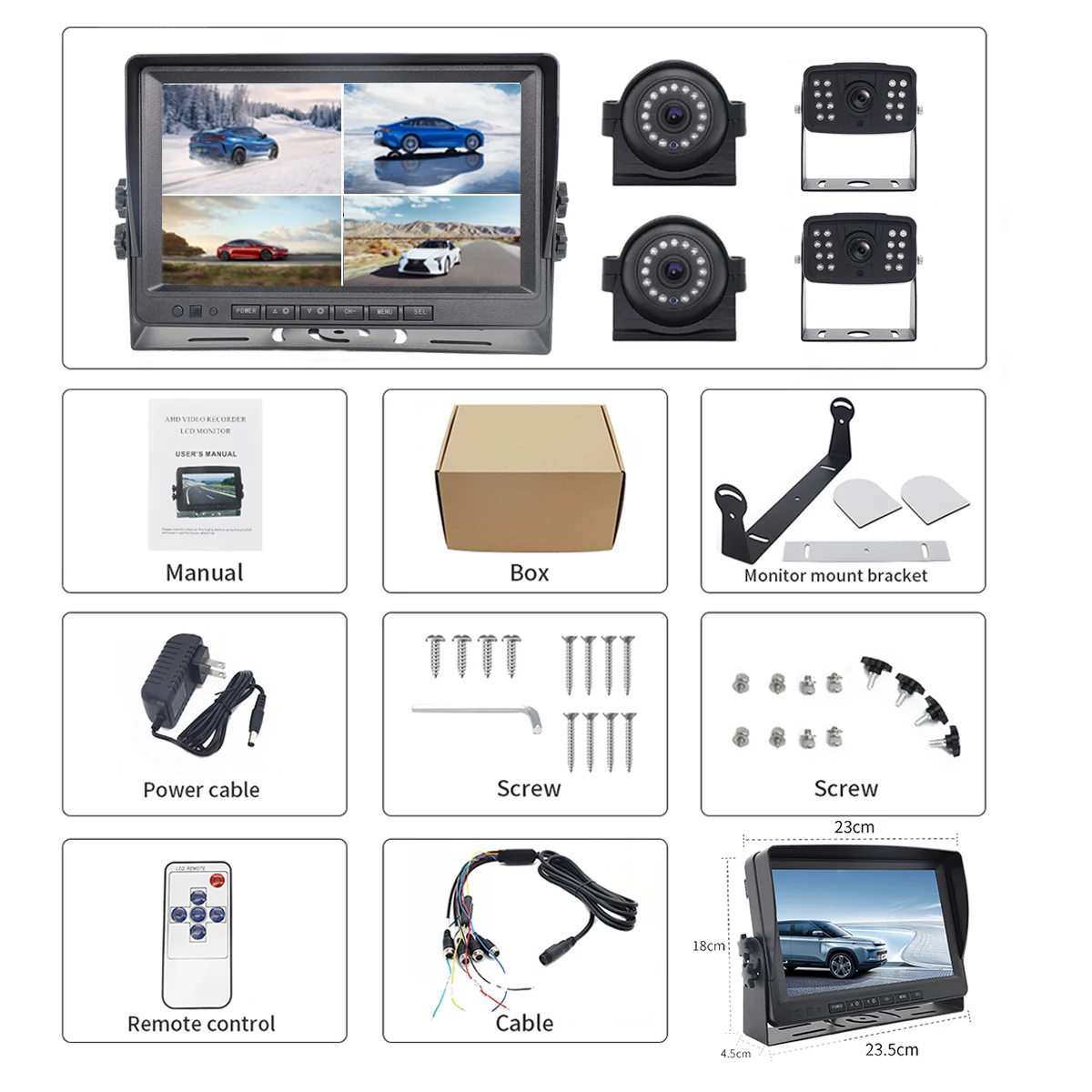 Monitor de camión de 24 voltios 1080P AHD Full HD 9 pulgadas TFT Color LCD pantalla abatible hacia abajo Monitor de cámara de visión trasera de coche de autobús semirremolque