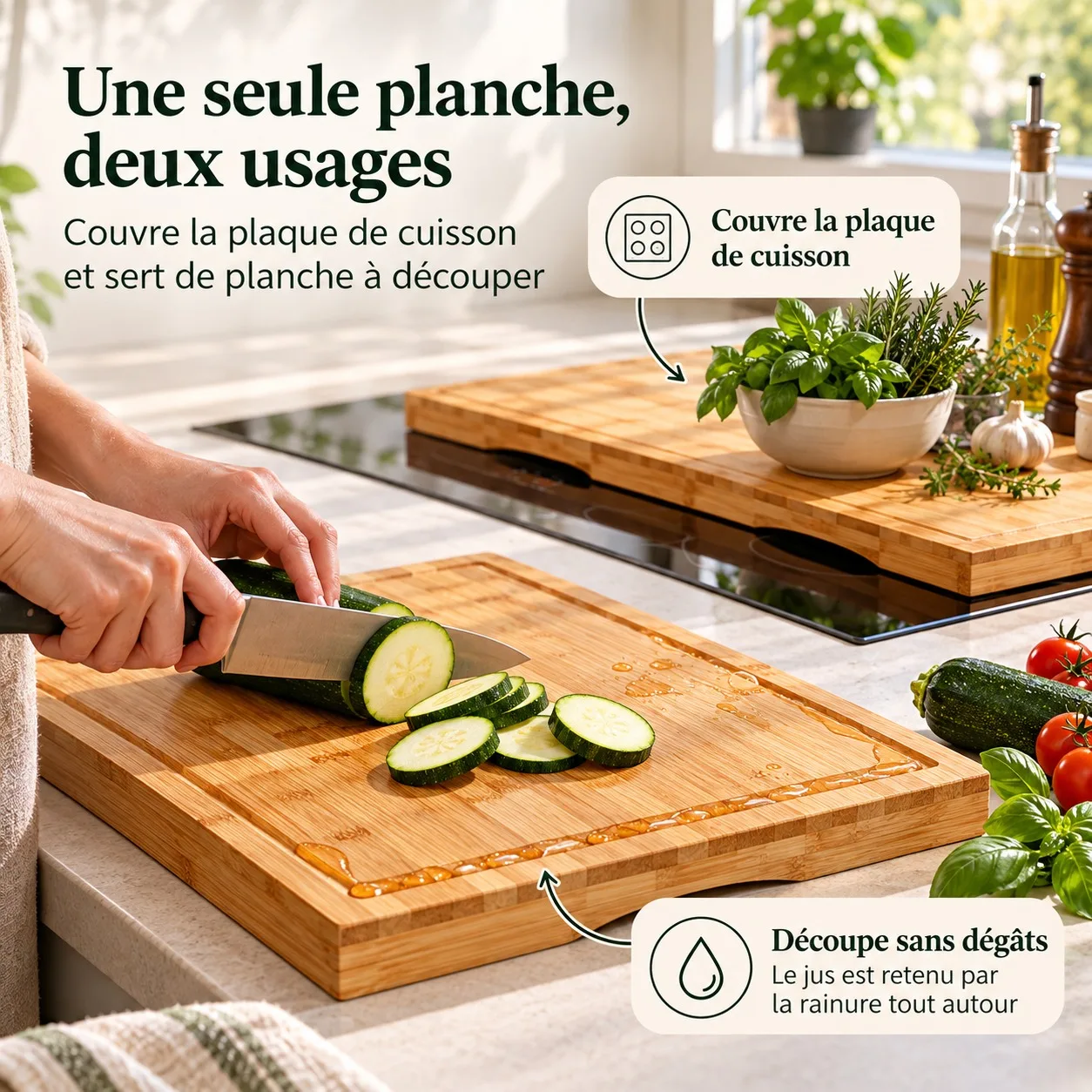 Juego de 2 tablas de cortar de bambú natural para cubrir la encimera de la cocina, con ranura para recoger el jugo, dimensiones: 28 x 27 x 4 cm por unidad.