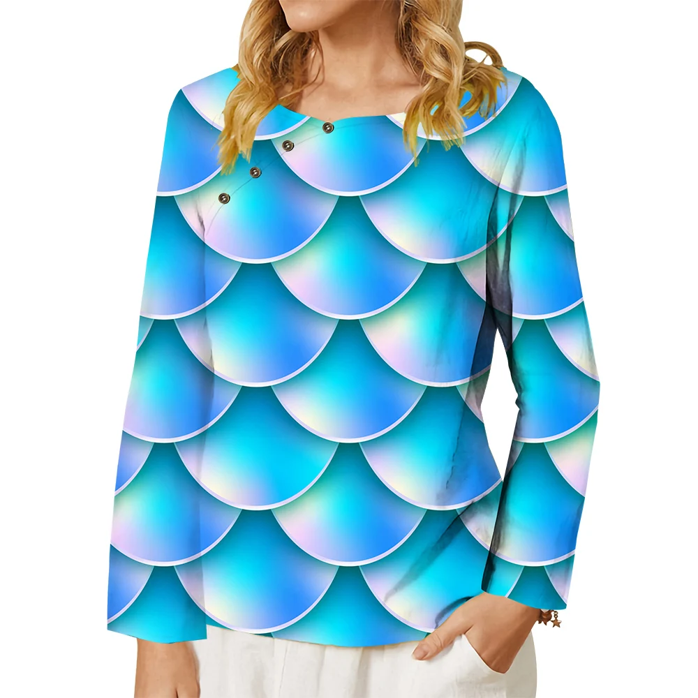 CLOOCL New Women T-shirt Fashion Blue Fish Scales Pattern 3D Printed Long Sleeve Shirt Button Decorate Tee Female Elegant Tops