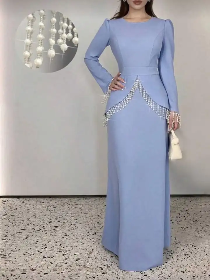 Luxury A-line Floor Length Prom Dresses Women's Scoop Neck Full Sleeve Evening Gowns with Pearls Party Dress Customzied 2026
