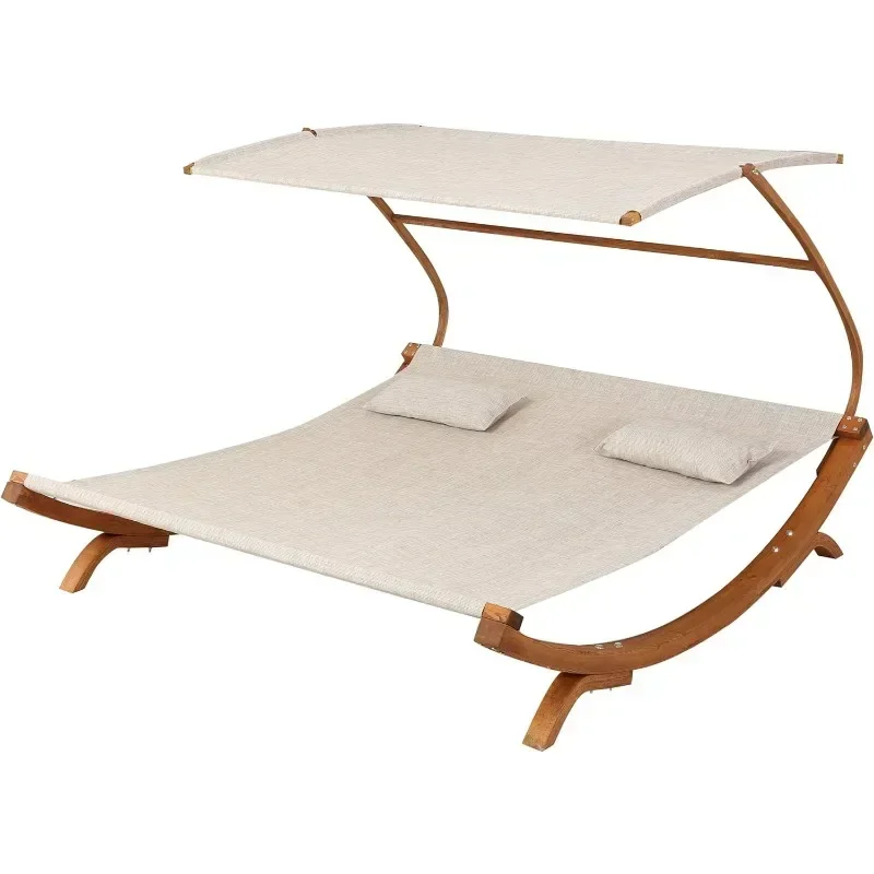 Outdoor Patio Lounge Daybed Hammock with Adjustable Shade Canopy, Teak