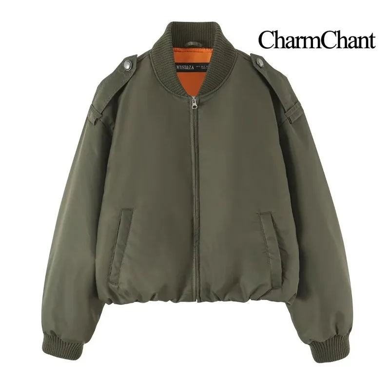 CHARMCHANT Women's Bomber Jacket Vintage Army Green Zip Up Stand Collar Epaulet Loose Flight Coat Autumn Winter 2026