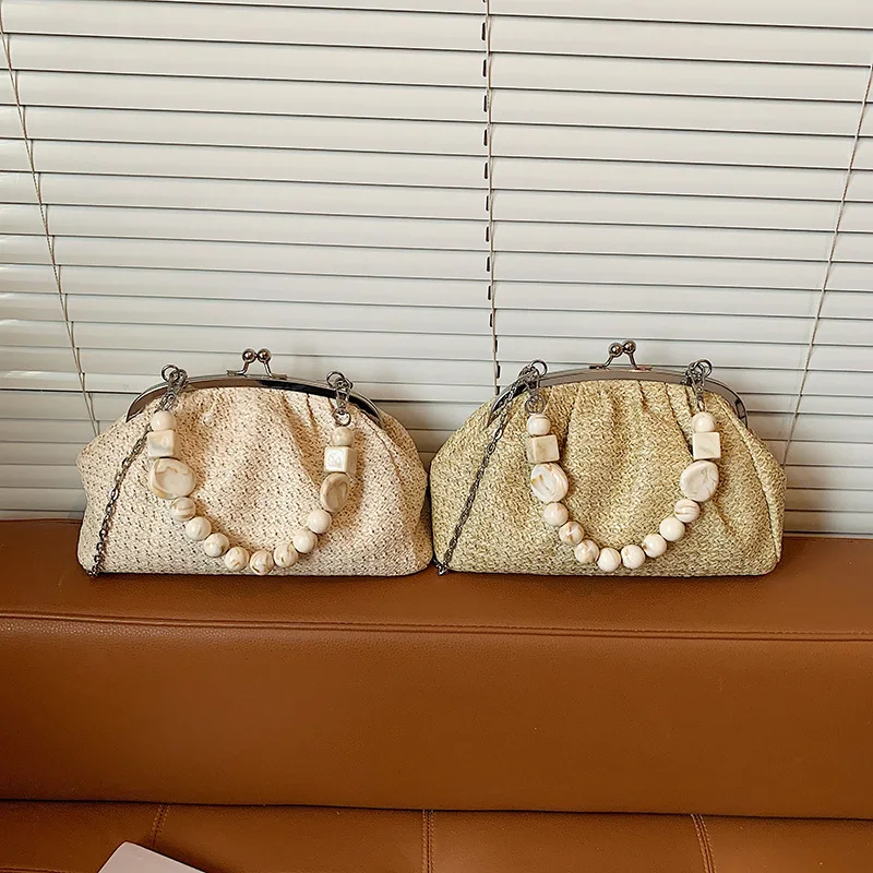 2026 New Summer Woven Beading Handbag French Casual Fashion Vintage Vacation Style Versatile Women Chain Crossbody Bag
