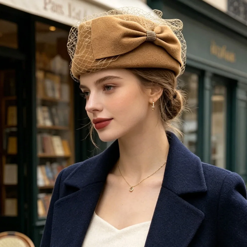Vintage French Style Bow Fedora Hat Elegant Fedoras Pillbox Hat Air Hostess Teardrop Medicine Box Hat Performances