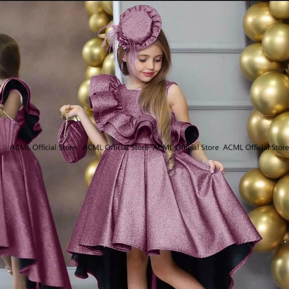 Neuankömmling eine Linie ärmellose Satin Erstkommunion Kleid High Low Kinder kleider für Party Back Out Baby Geburtstags kleider Sommer