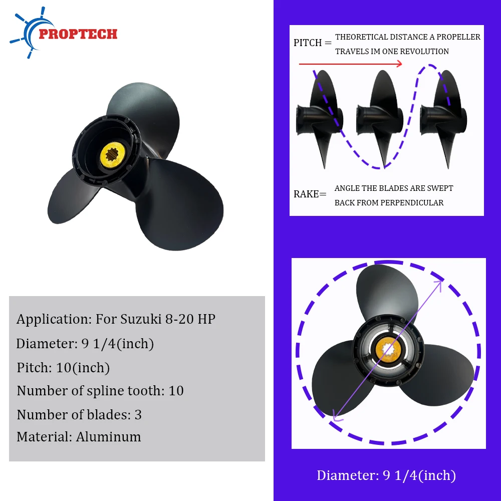 Aluminum Marine Propeller Screw For Suzuki Boat 8hp 9.9hp 10hp 20hp 9 1/4*10 3 Blade 10 Spline 58100-93733-019 Outboard Motor