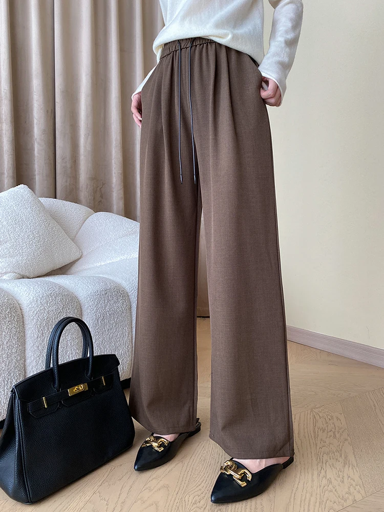 

High Elastic Waist Coffee Brief Long Wide Leg Pants New Loose Fit Trousers Women Fashion Tide Spring Autumn O629