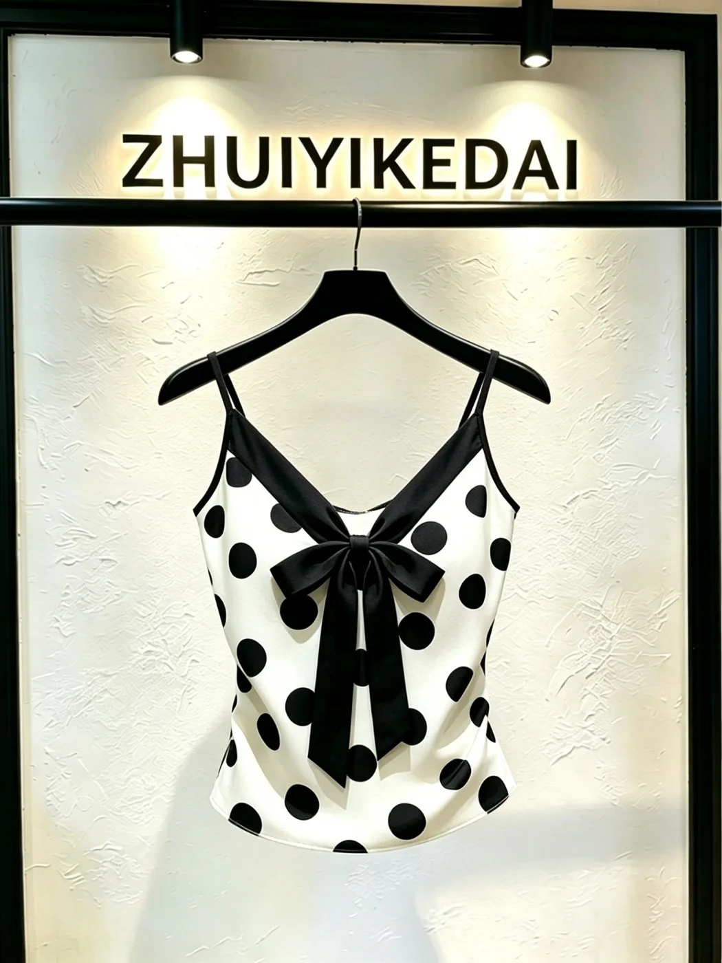 

Fashionable Knot Polka Dot Contrast Color V-neck Women's Summer Slimming Strap Vest Elegant Commute Style Top
