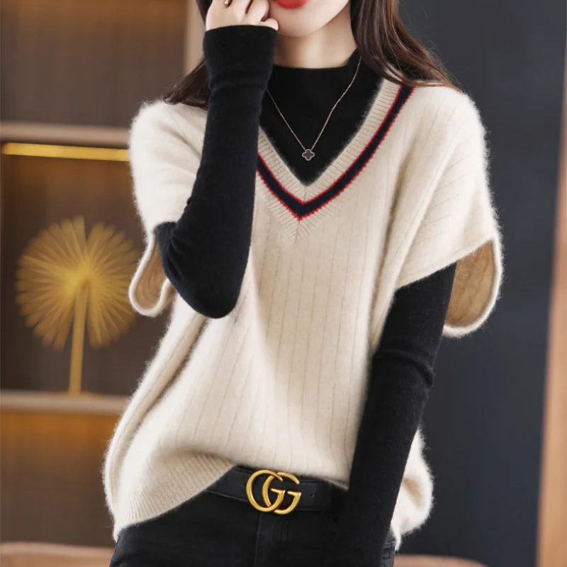 Korean Fashion Casual Temperament V-neck Vest Women Color Blocking Spring New Bat Sleeves Loose Versatile Wool Knit Shoulder Top