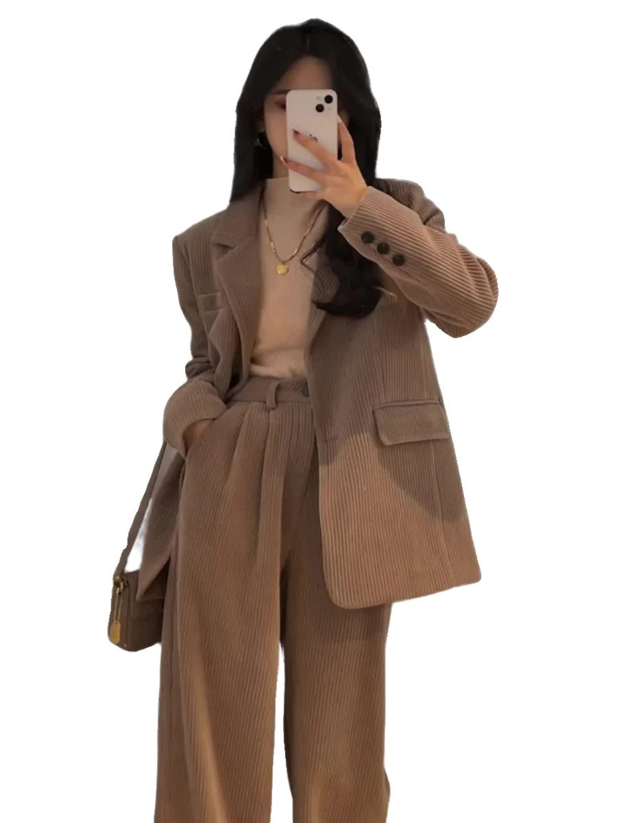 Corduroy Suit Jaet And Wide Leg Pants Two Piece Set Casual Faion High End Women\'s Clothing Salt Series Slimming Ele