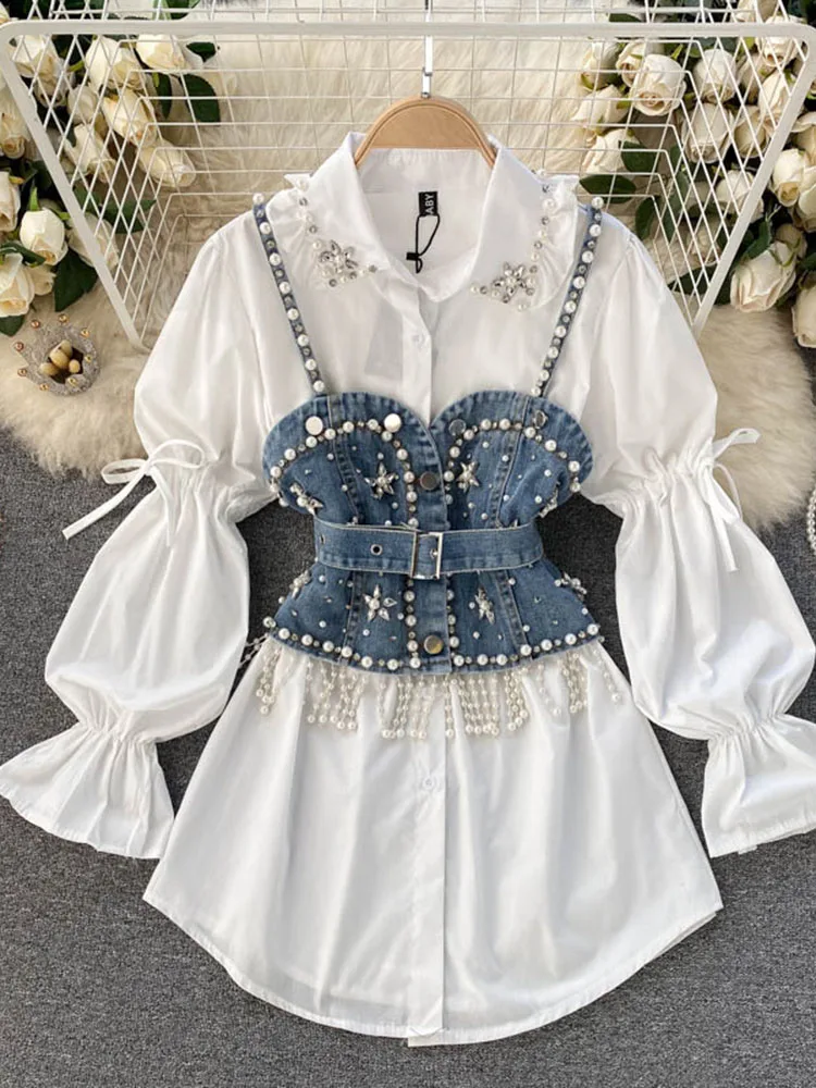 Spring Autumn New Blouse Women\'s Diamond Beaded Puff Sleeve Blusa Top Tassel Pearl Sling Waistcoat Two-piece Stacking Shirt C813