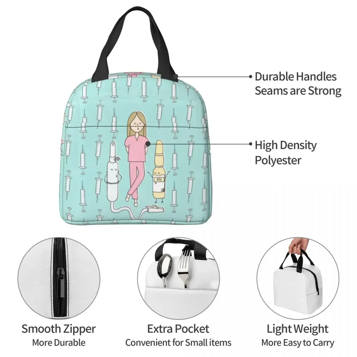 Cartoon Lunch Bags for Nurse Women Doctor Enfermera En Apuros Thermal Cooler Picnic Canvas Tote Food Storage Bags image 5