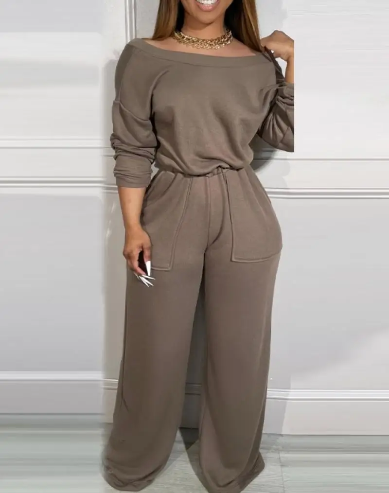 Elegant Women\'s Sports Jumpsuit 2024 Autumn New In Jumpsuit Solid Color Casual Backless Long Sleeved Pocket High Waist Jumpsuit