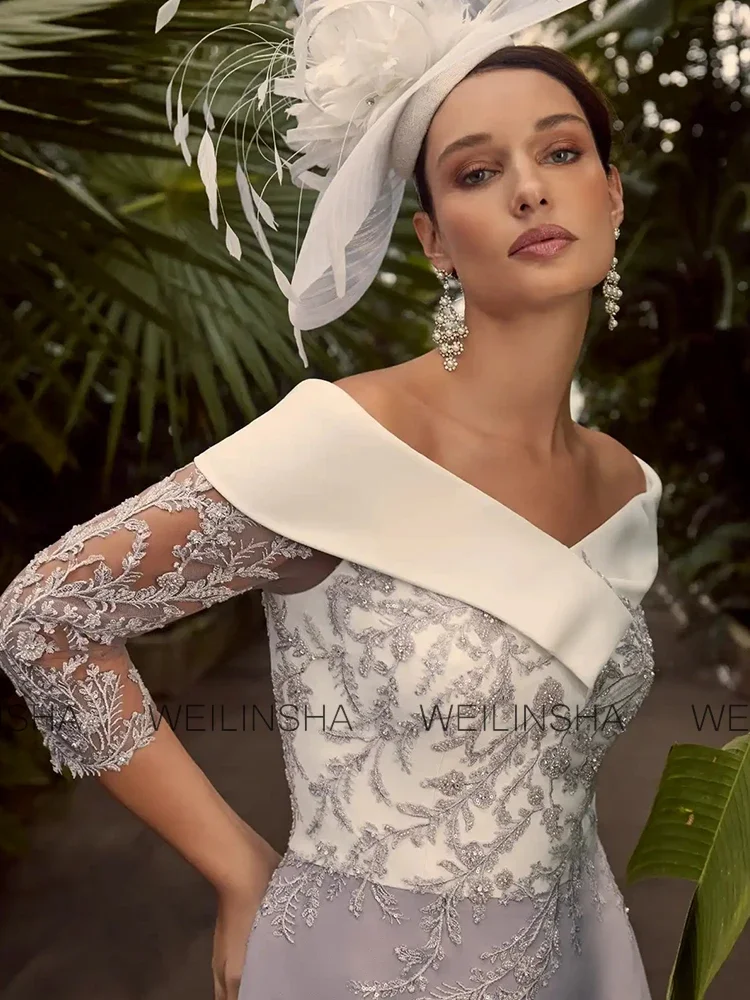 Customized Classy Women's Mother of the Bride Gowns Crepe Fabric A-line  Grey Off-the-shoulder Lace Ruched Groom's Mother Dress