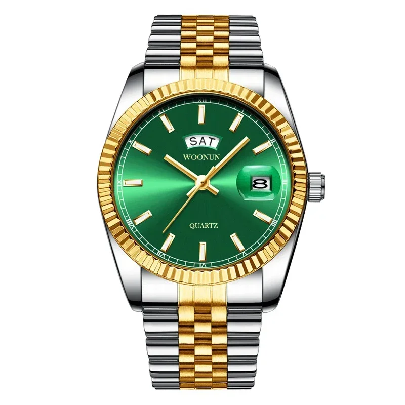 Relogio Masculino Fashion Luxury Gold Watch Men Green Watches Silver Golden Stainless Steel Day Date Quartz Wristwatches Men