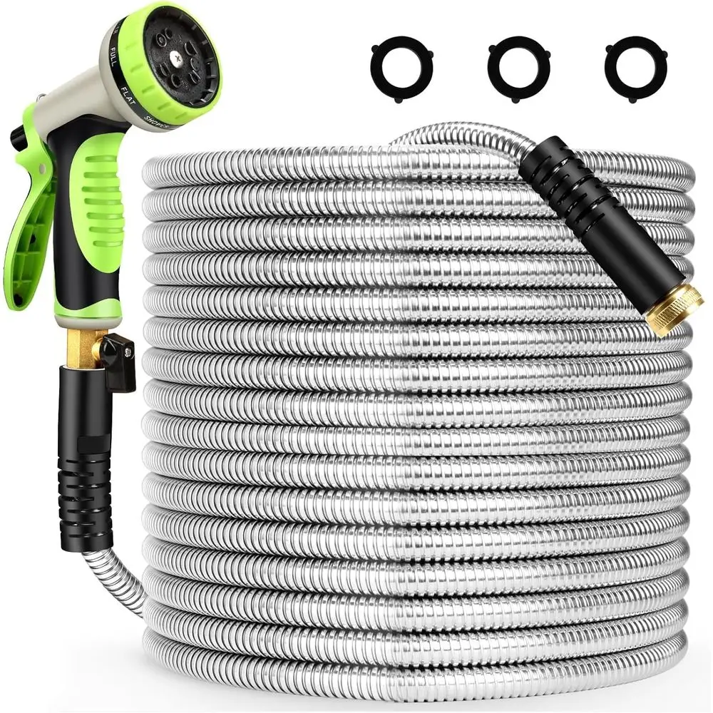 Stainless Steel 100ft Heavy-Duty Garden Hose with 10 Function Nozzles