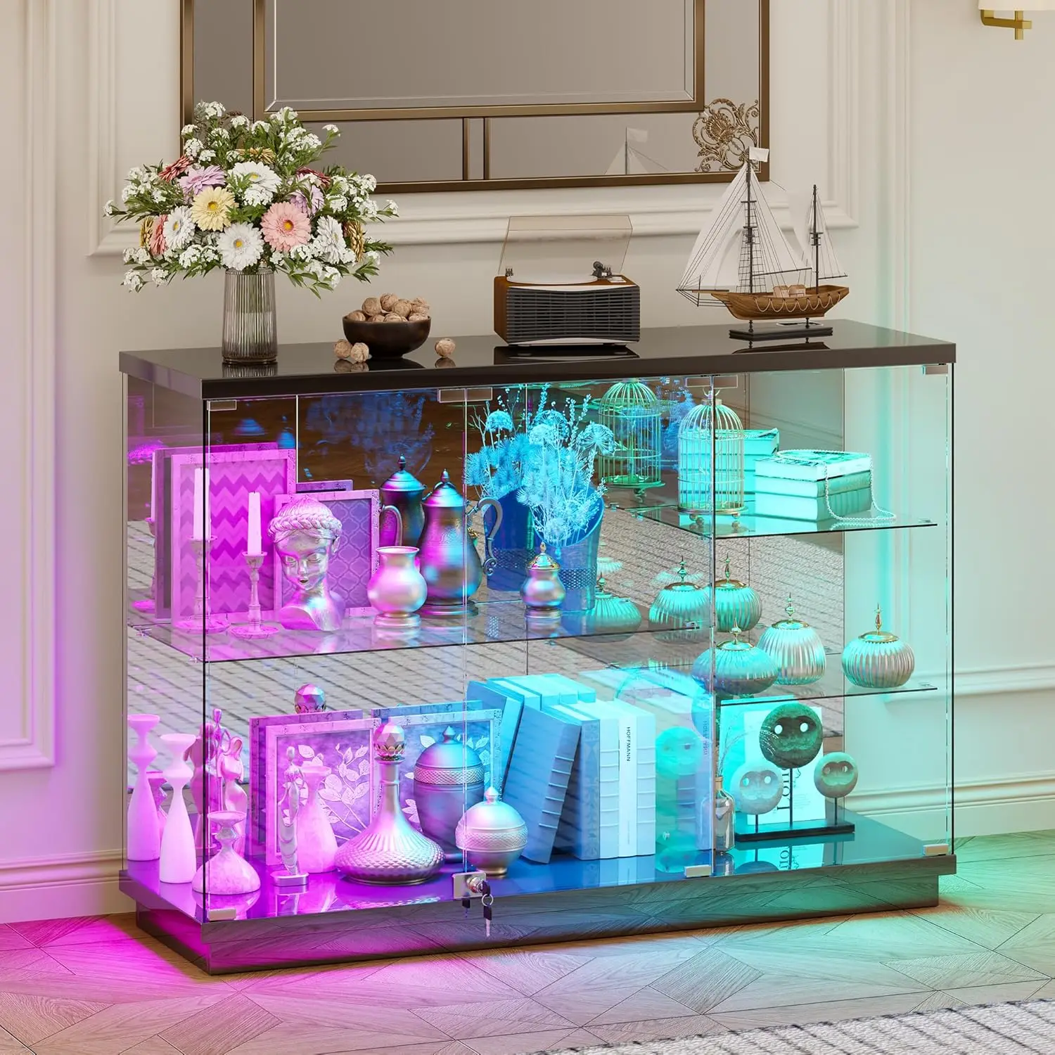 

47.2' W Display Cabinet - with Lockable Glass Door,5-Tier Glass Display Case with 12 Lights Modes for