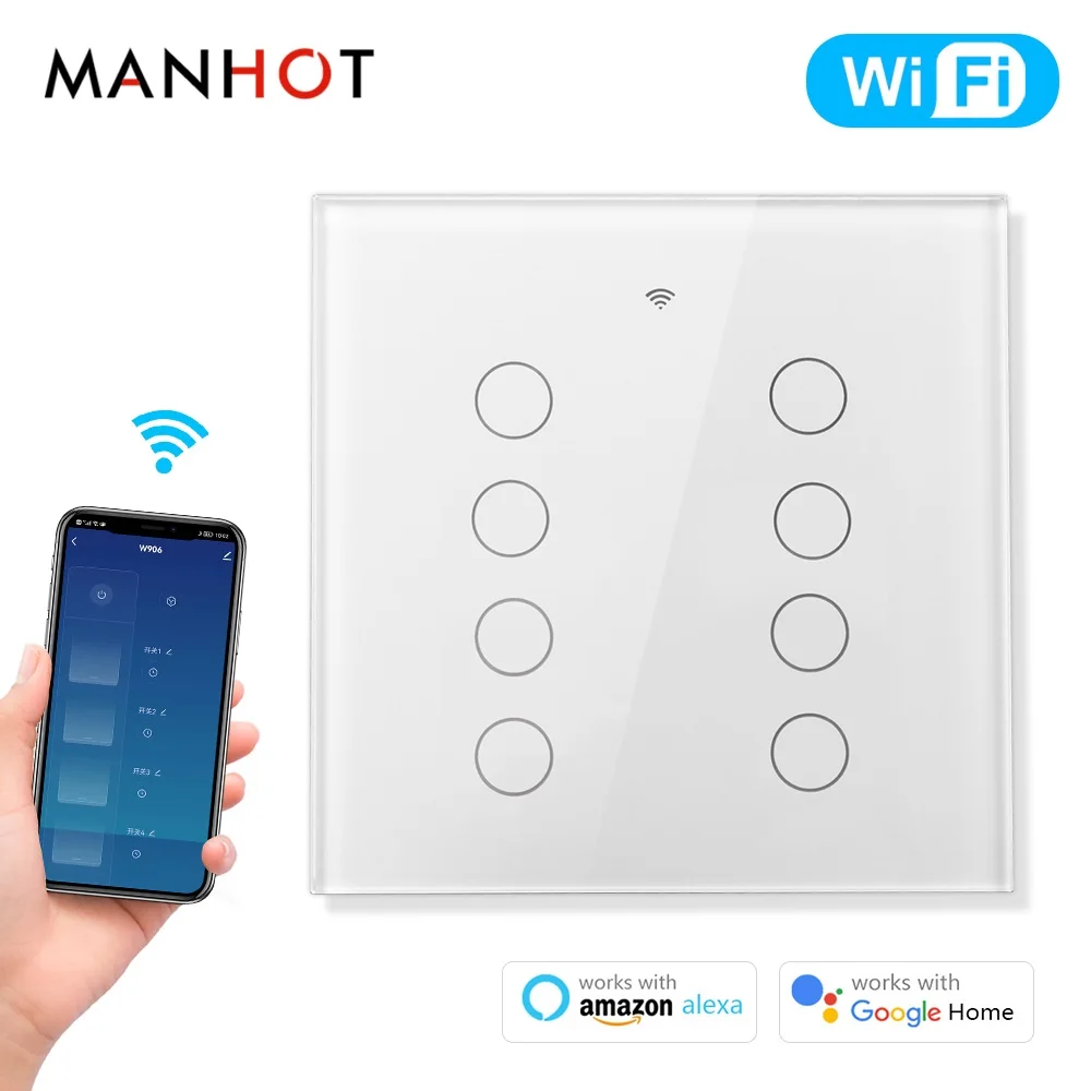 Interruptor de Parede Inteligente WiFi 4/6/8 Gangue 4x4 Brasil com Painel Sensível ao Toque para Casa Inteligente, Compatível com Tuya, Alexa e Google Home