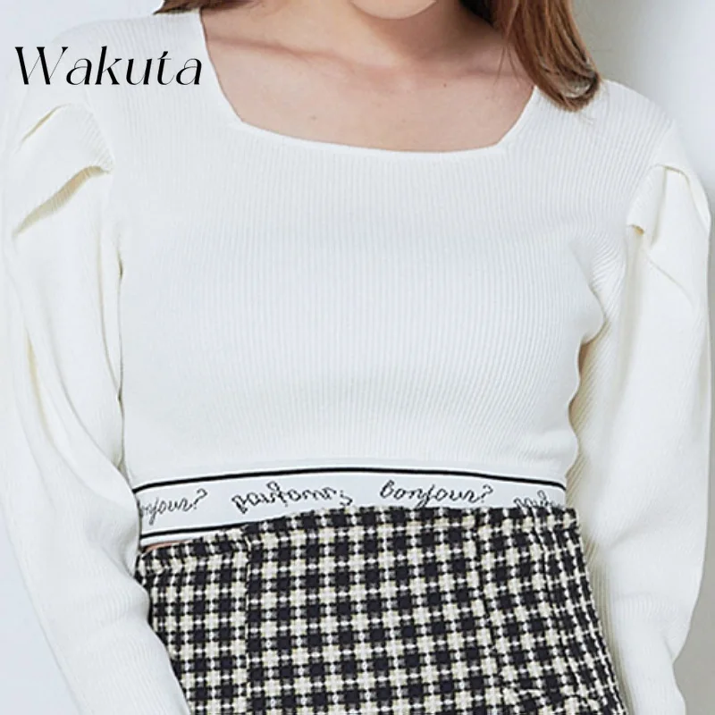 WAKUTA Japanese Retro Square Neck Bubble Sleeve Knit Pullovers Fashion Commuter Short Knit Sweaters Poleras De Invierno Mujer