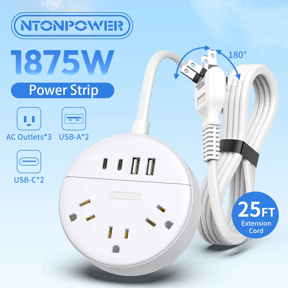

US Plug Power Strip with 3 Outlets 2 USB Ports (2 USB-C) multiple plugs 25 ft Extension Cord （3/4/7Meter） Rotatable Plug