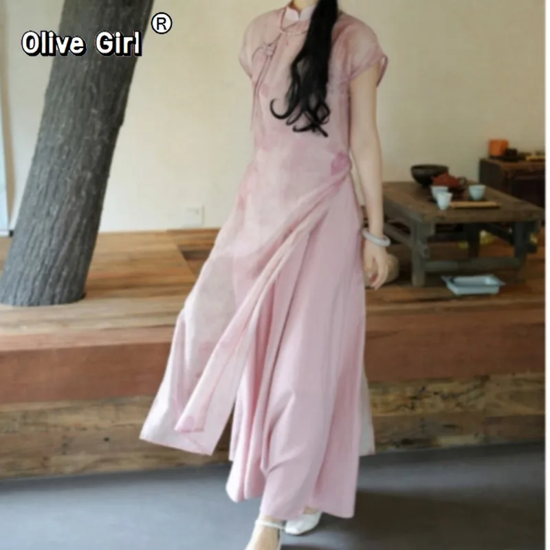 Olivegirl - Vestido Cheongsam Rosa con Estampado Elegante y Dulce, Vestido Camisero Modificado de Gasa, Ropa Tradicional China para Mujer