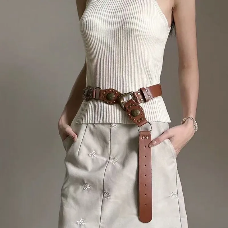 Retro American wasteland style belt for women; light Asian streetwear with patchwork belt; millennial spicy girl's versatile bel