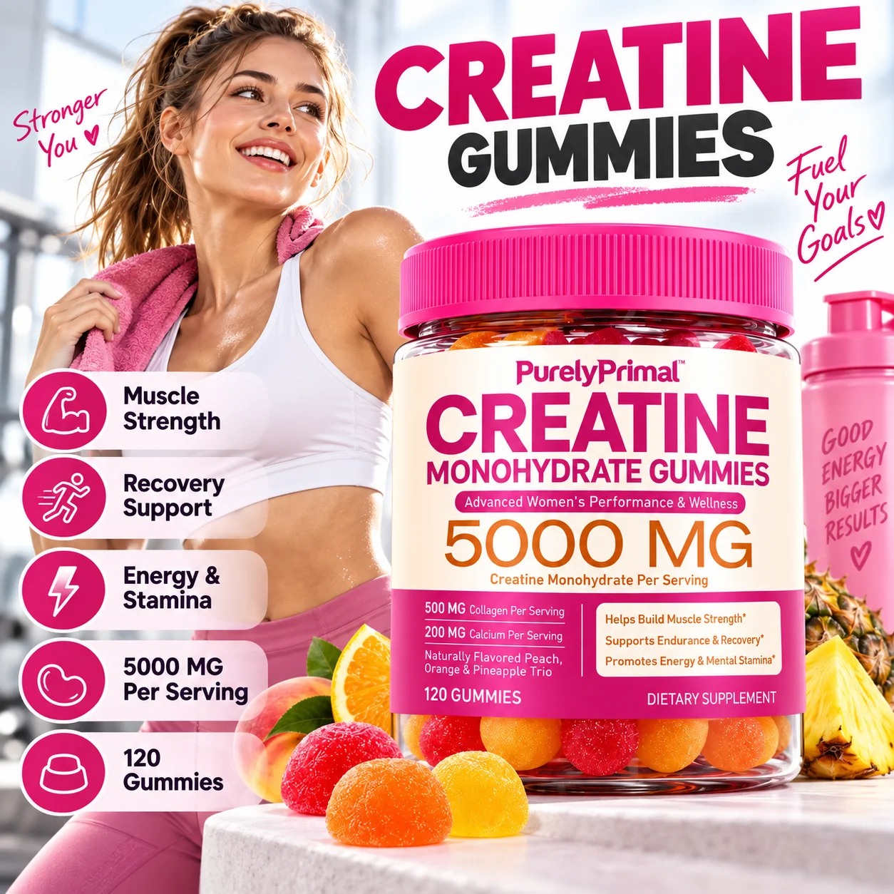 PurelyPrimal Creatine Monohydrate Gummies Hydrolysed Bovine Collagen and Calcium Supports Muscle Strength, Recovery 120 Gummies