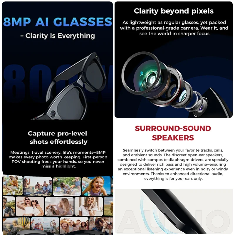 2025 New 800w HD Smart Glasses UV Protective Voice Assistant Touch Control Hands-Free Sound Surround Local Music Smart Glasses