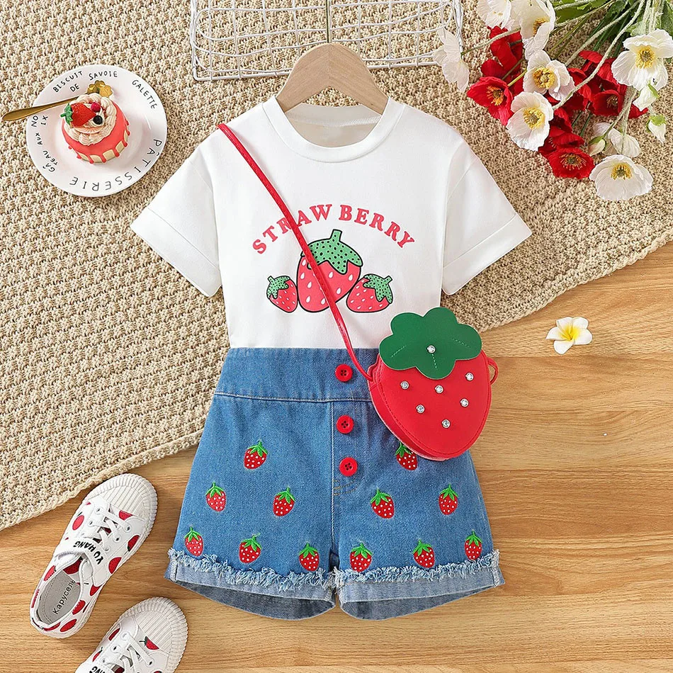 Girls Summer 3Pc Children Set White Round Neck T-Shirt with Strawberry Print Denim Shorts and Bag Stylish Choice for Every Occas