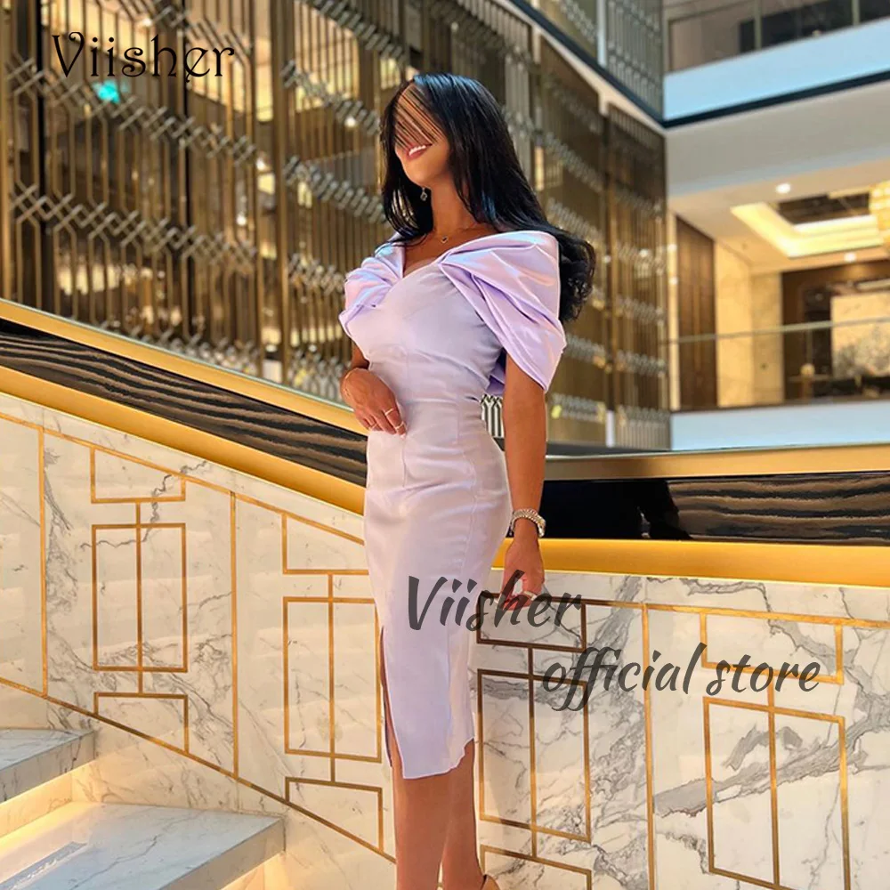 

Viisher Lilac Satin Mermaid Evening Dresses Off Shoulder Pleats Satin Formal Prom Dress with Slit Dubai Arabic Evening Gowns