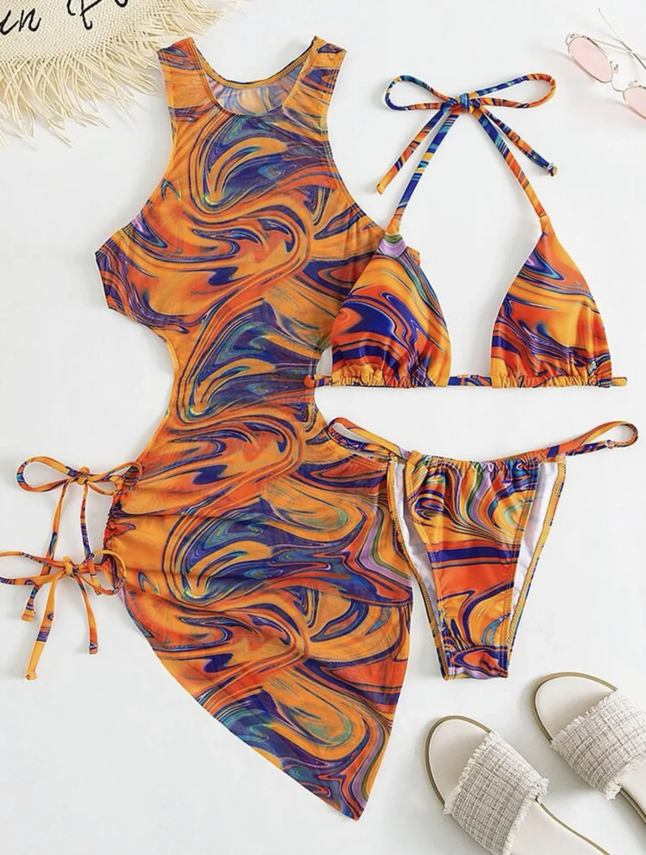 3 Piece Print Halter Triangle Bikini Sets 2024 Women Cover Up Swimwear Summer Swimsuit Female Bathing Swimming Suit Beachwear