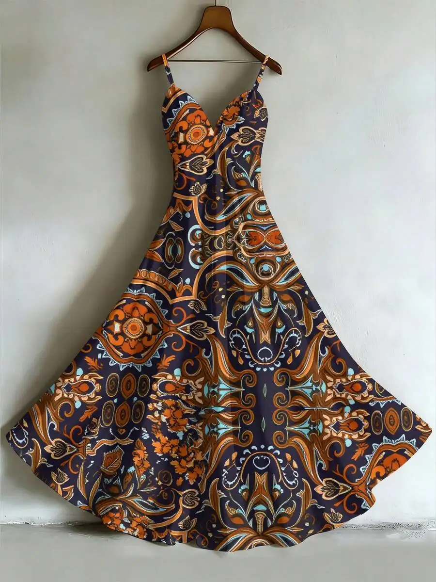 

Bohemian Summer Slip Dress Floral Geometric Pattern Umbrella Shape Beach Vacation Women
