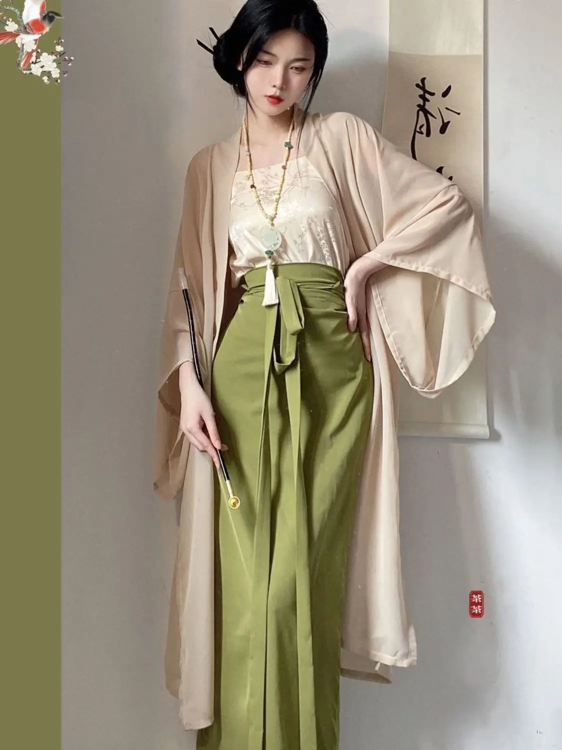 Summer Chinese Hanfu Dress 3pcs Improved Modern Style Traditional Bamboo Printed Cardigan Coat+Top+Skirt 3pcs Sets Hanfu Female