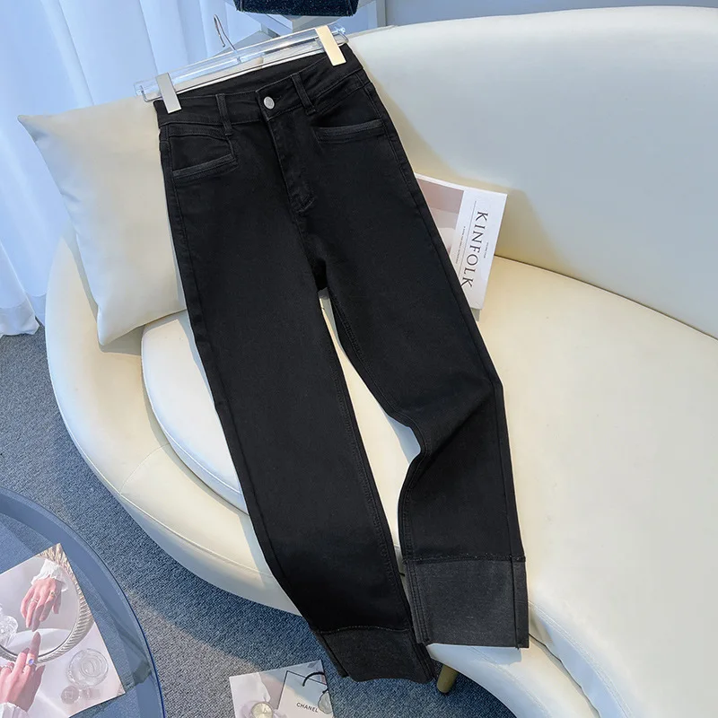 2024 Spring Autumn Women's Jeans High Waist Slim Fit Flipped Panel Elastic 9-point Pipe Pants Female Denim Straight Trousers