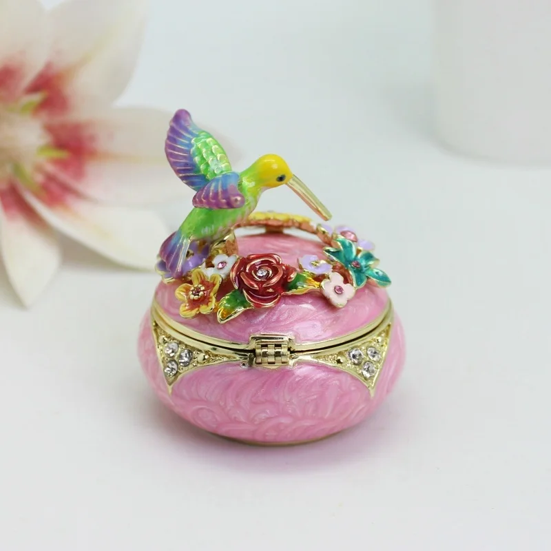 

SHINNYGIFTS Hummingbird Enamel Trinket Box Hand Painted Animal Jewelry Box for Dressing Table Decoration Unique Gift