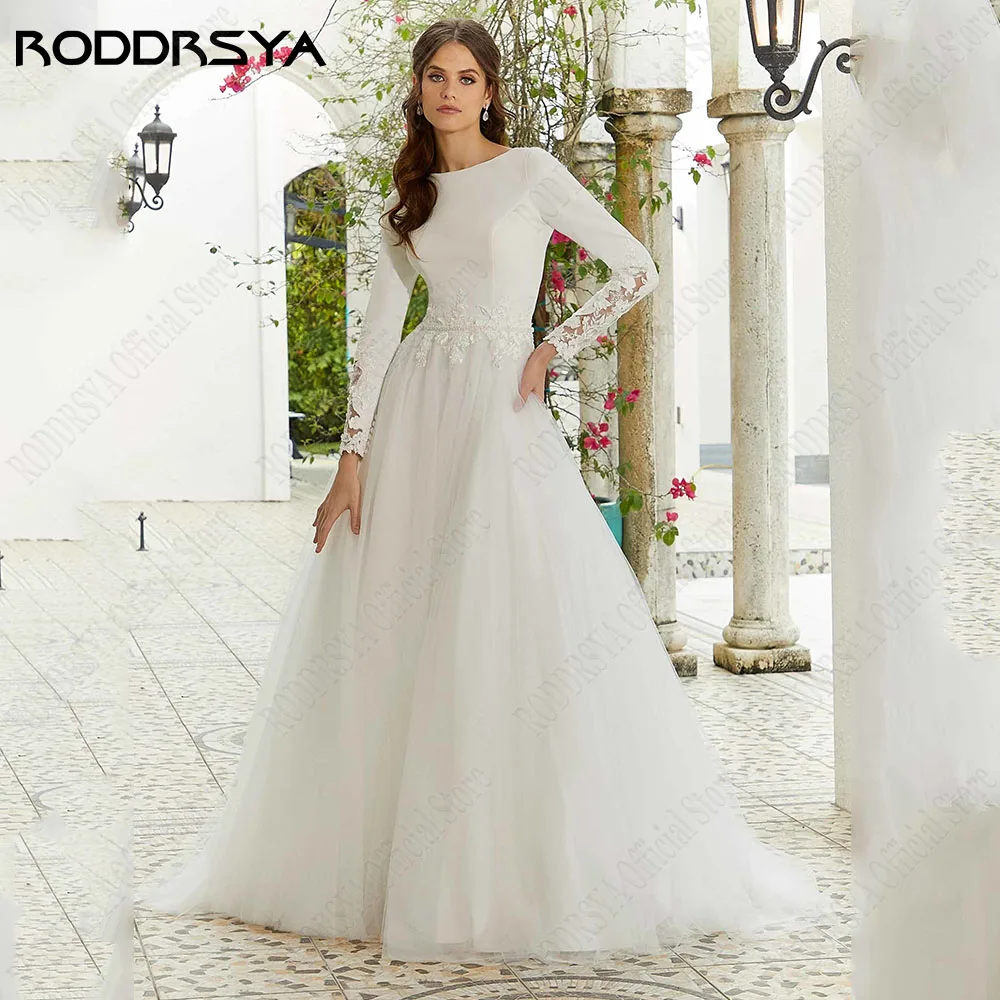 RODRSYA Vestidos de Noiva Formais Para Mulher A Linha Zipper Voltar VestiRODDRSYA Vestidos De Casamento Formais Para A Mulher A Linha Zipper Voltar Vestidos De Noiva Lace Applique O-Neck Clássico Tulle vestido de novia