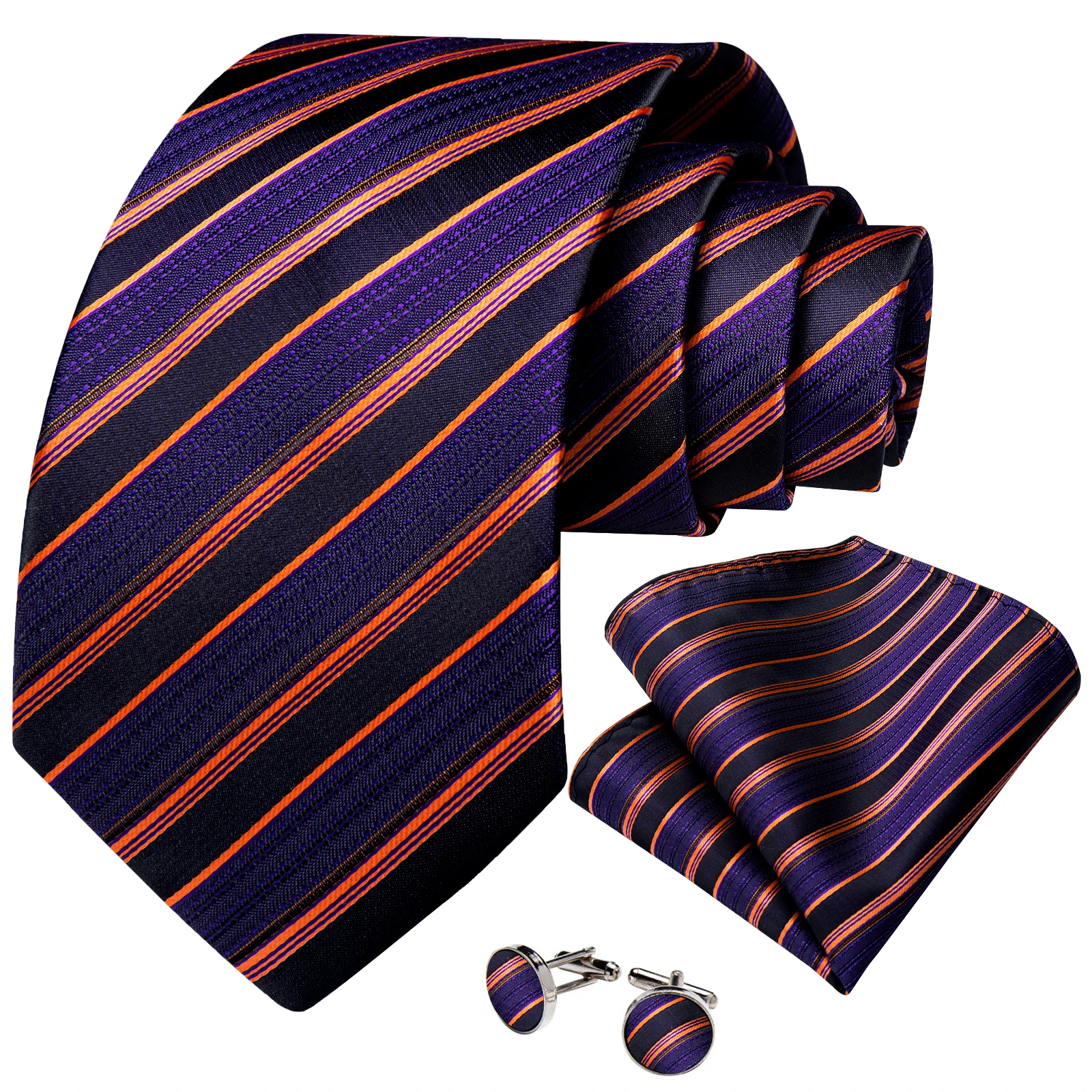 3Pcs Elegant Striped Necktie Set Mens Tie Handkerchief Cufflinks for Formal Business Banquet Wedding Party Office Groom Event