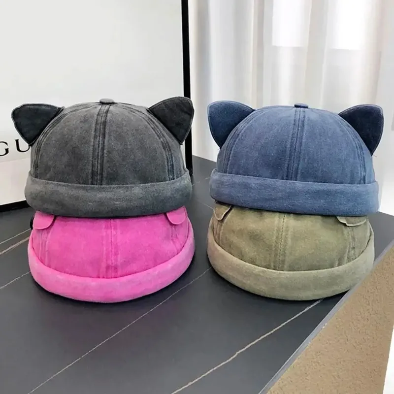 Niedliche Katzenohren-Mütze ohne Krempe, lässige Persönlichkeit, Melonenhaut-Beanie-Mütze, atmungsaktiv, gewaschen, alte Unisex-Beanie-Mütze