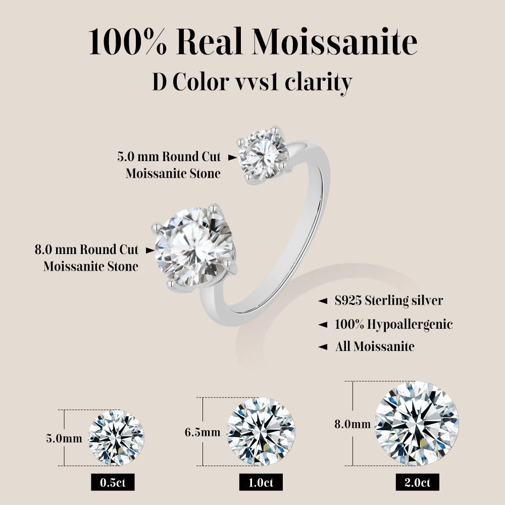 Women's Personalized Open Moissanite Two Stone Ring, Daily Wear