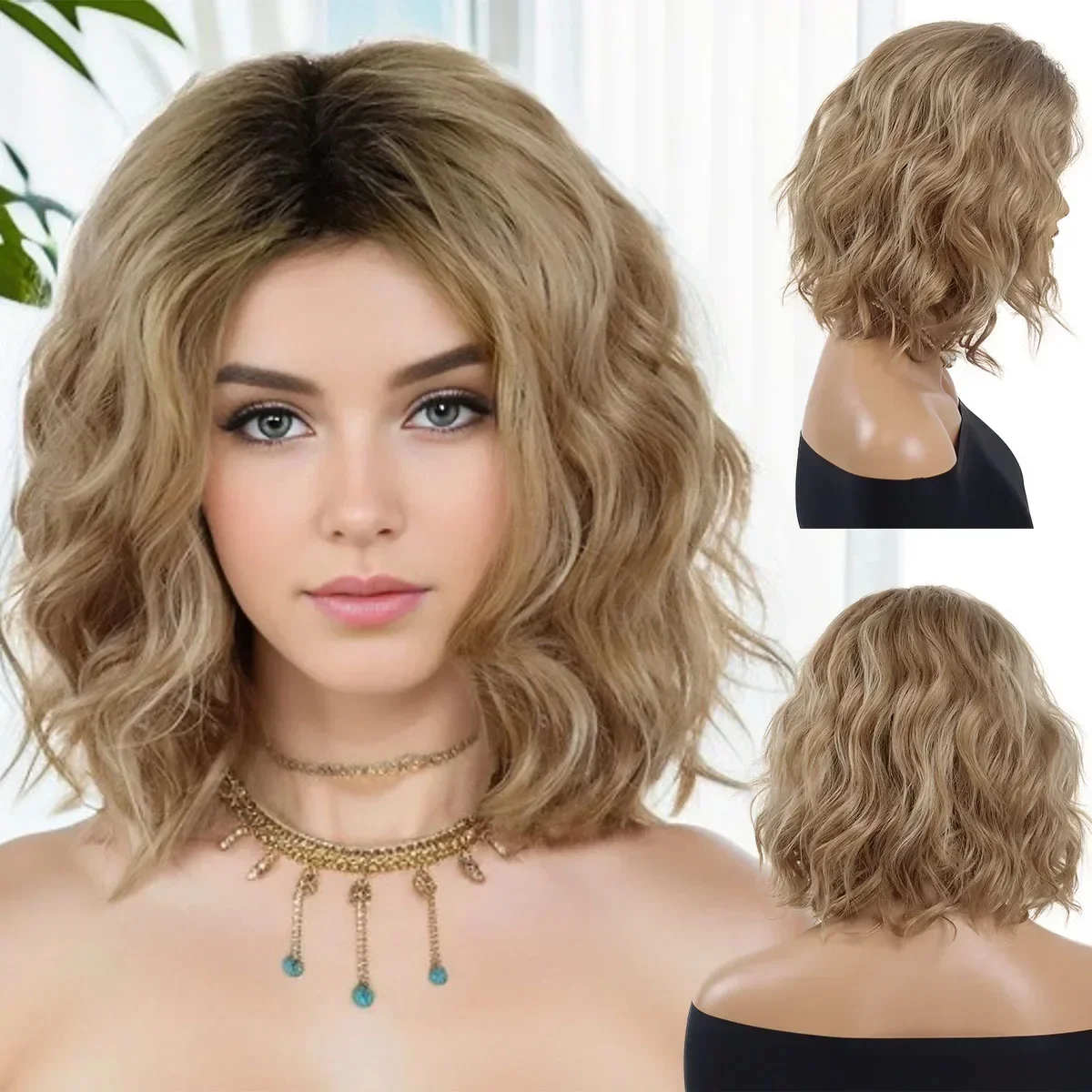 Wig Pirang Ombre Akar Gelap untuk Wanita Wig Bob Pendek Sintetis Gaya Rambut Gelombang Alami Wig Wanita Bergaya Serat Pesta Cosplay Harian