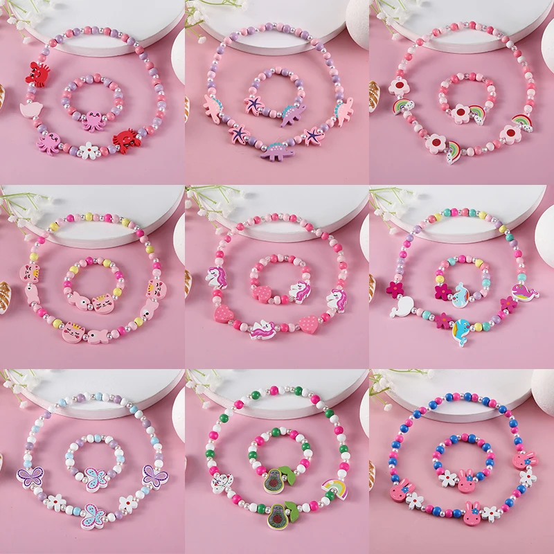 2pcs Cute Cartoon Pattern Charm Necklace Bracelet Sets Natural Wooden Beads For Toys Girl Birthday Gift Jewelry Sets