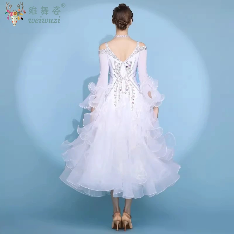 Ballroom Competition Dance Dresses White AB Stones Social Dance Professional Big Swing Dress Women Adult Waltz Foxtrot Clothes