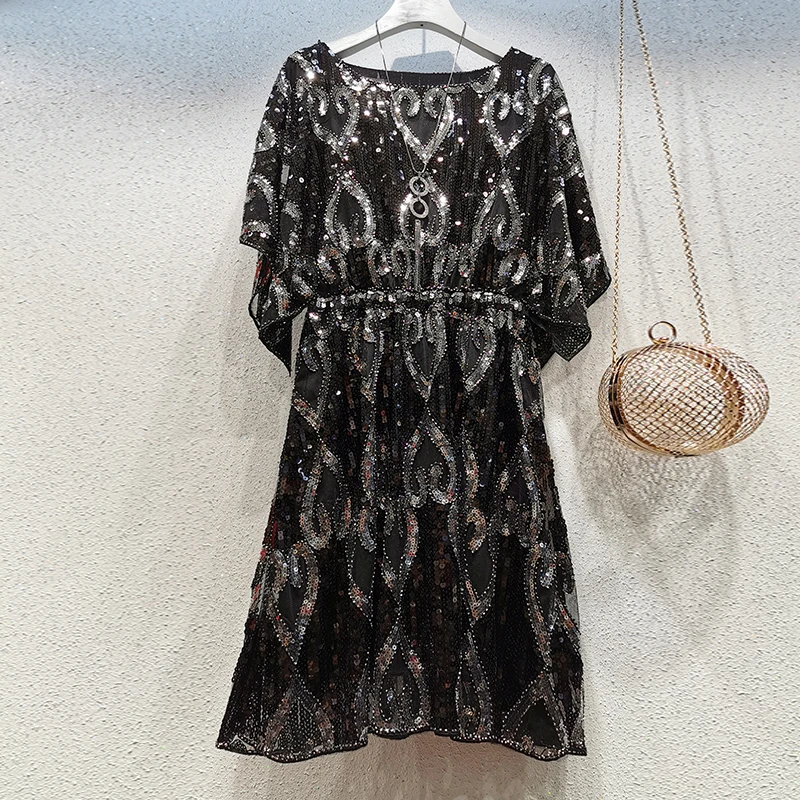 Round Neck Heavy Beaded Embroidery Sequins Bat Sleeve Party Elegant Dress Luxury Stage Performance Gowns Dress