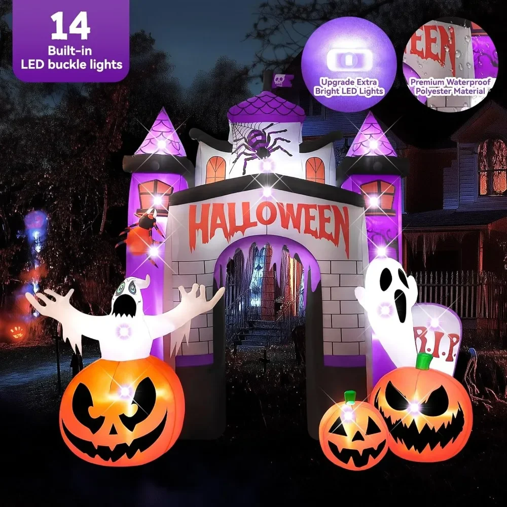 Inflatable Halloween Decor Outdoor: 2 Powerful Blowers Large Halloween Archway with Pumpkin Ghost Castle - Haunted House Arch