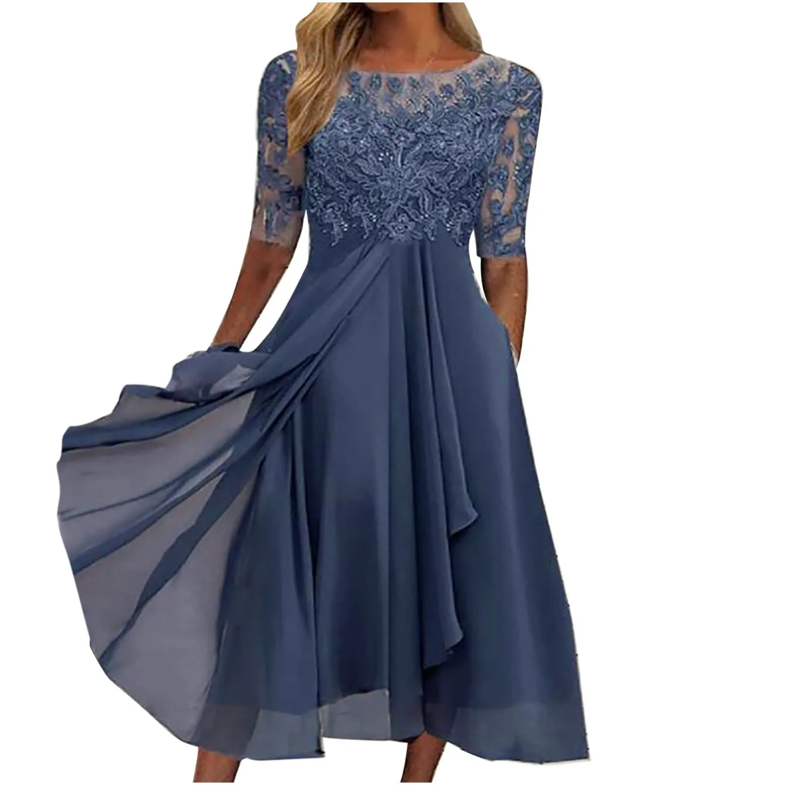 Dresses For Women Elegant Lace Chiffon Flowy Dress Evening Party Gown Half Sleeve Lace Chiffon Dress платье женское Feminina