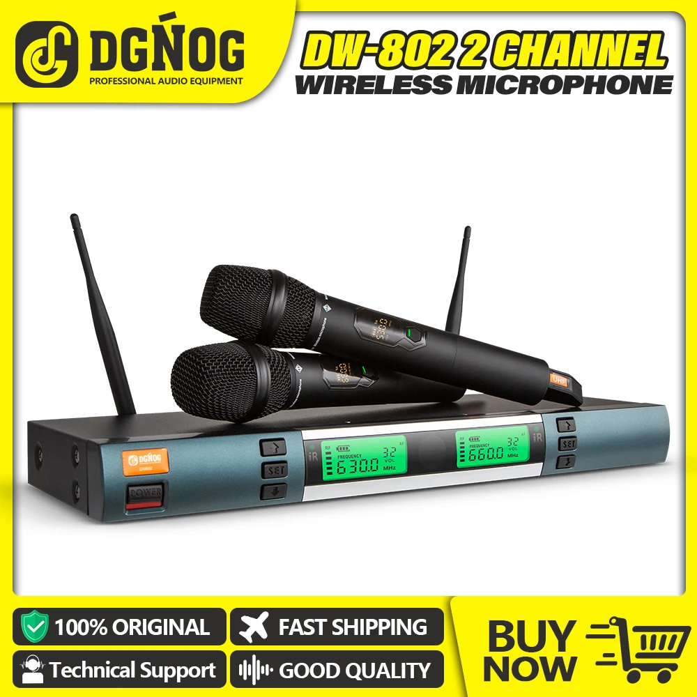 DGNOG DW802 Dual Channel UHF Wireless Handheld Microphone System Frequency Adjustment Metal Handheld for Church Stage Karaoke