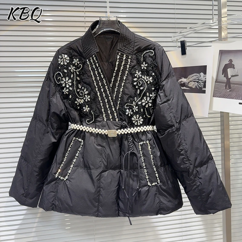 KBQ Solid Patchwork Diamonds Chic Down Jacket For Women V Neck Long Sleeve Patchwork Zipper Temperament Coat Female Fashion New