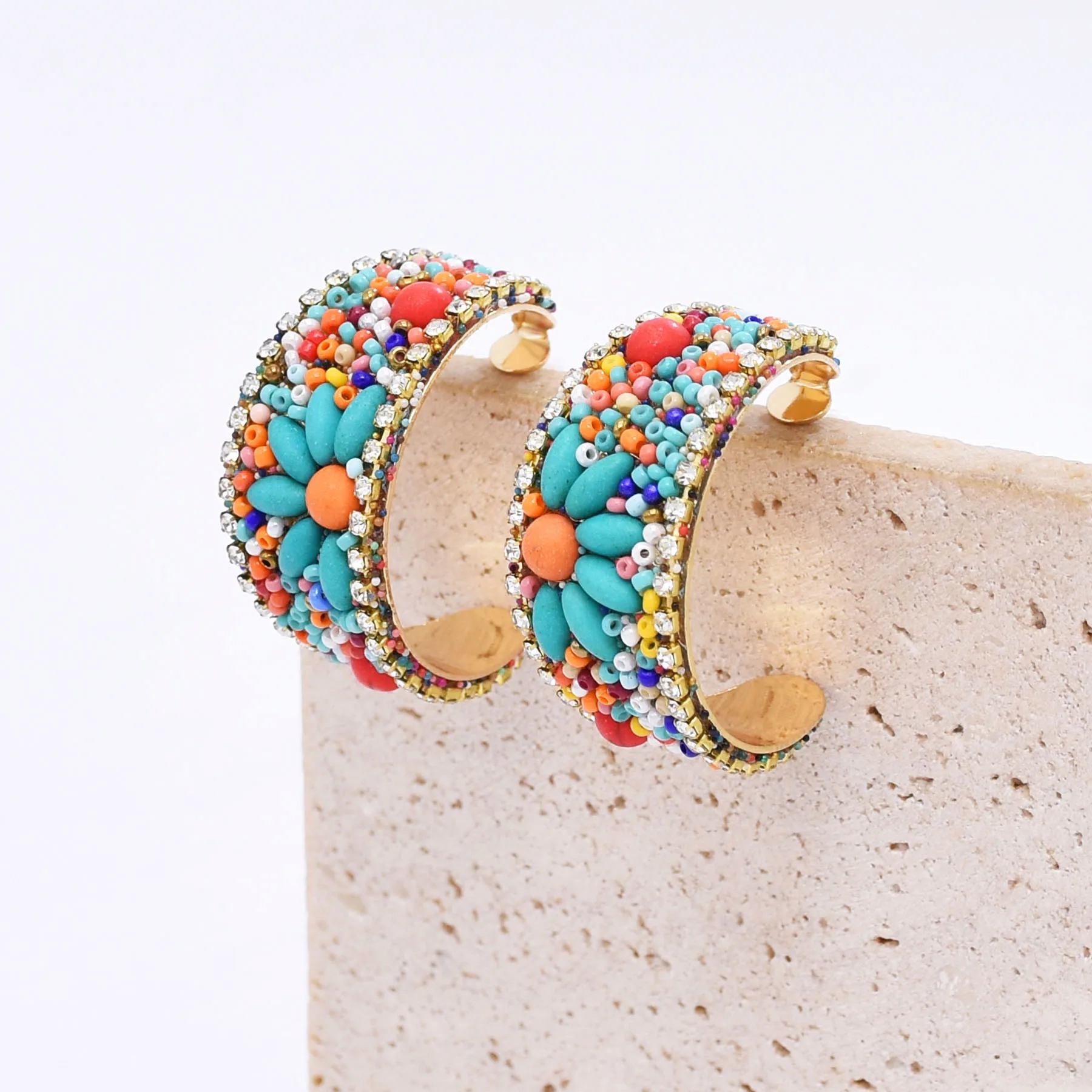 البوهيمي اليدوية الأقراط واسعة الفيروز زهرة البذور حبة حجر الراين مجوهرات الإناث العرقية القبلية العربية التركية الغجر الإكسسوار