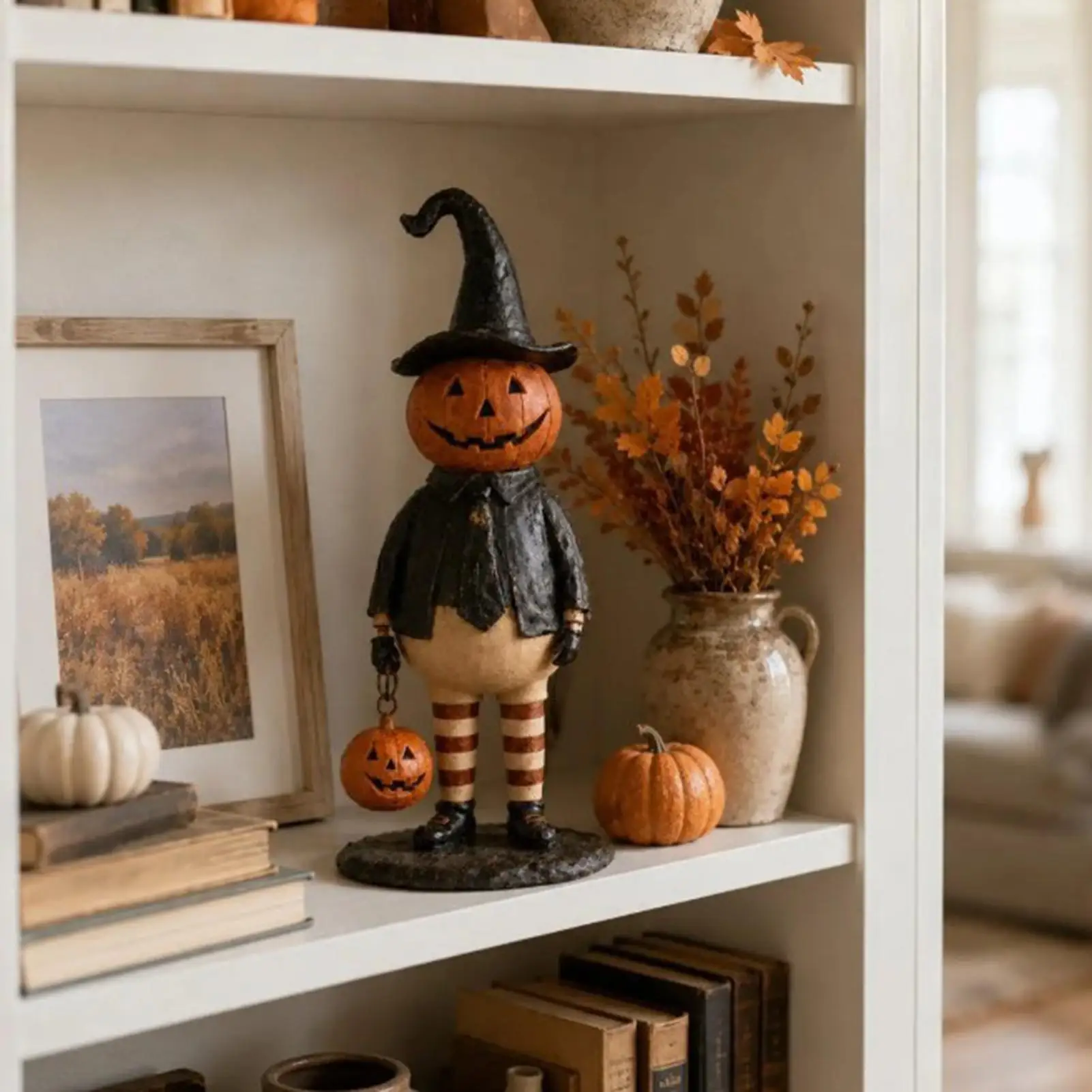 Halloween Vintage Pumpkin Head sorcerer Figurine With Light Up Lantern Autumn Mantle Decor Fall Atmosphere Sculpture Home Decor