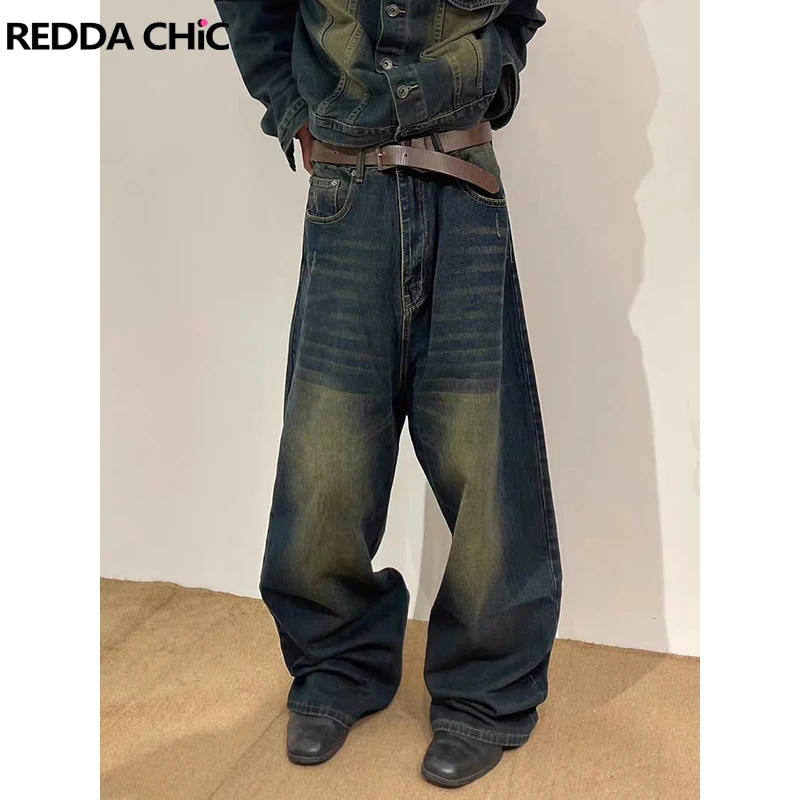 REDDACHIC Men Wash Distressed Whiskers Baggy Jeans Adjust-waist Frayed Oversize Trousers Denim Wide Pants Harajuku Retro Clothes